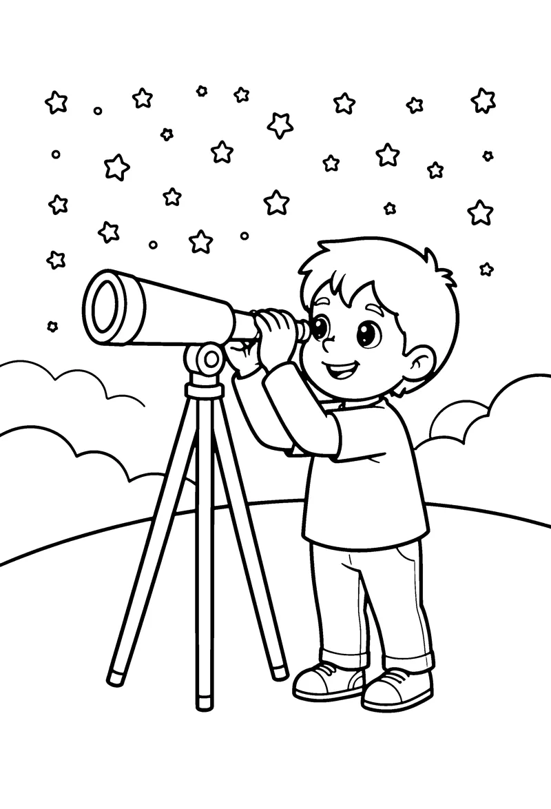 Kid with Telescope coloring page preview
