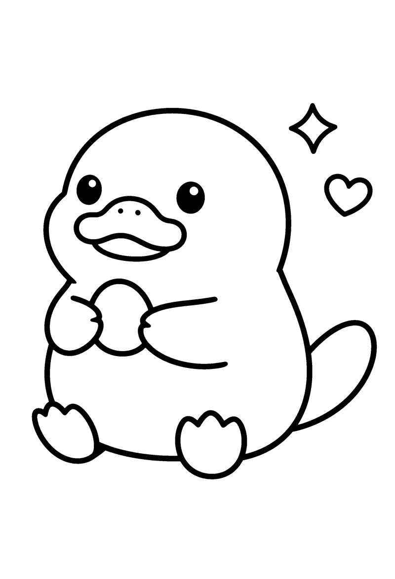 Platypus coloring page: a chubby platypus lying on its round tummy seen from the side, with a wide flat duck bill, four short webbed feet and a broad flat paddle tail, holding one small pebble