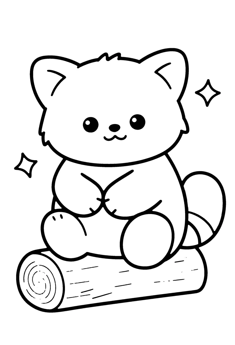 Red Panda coloring page: a chubby red panda sitting on a short thick log that fits inside the page, hugging its big striped tail; the stripes, ear tips and cheek markings drawn as outlines only, nothing filled