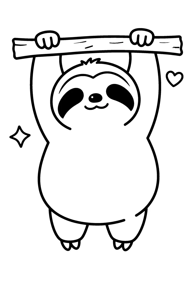 Sloth coloring page: a chubby sleepy sloth hanging by both arms under a short thick branch, legs dangling, holding one big leaf; the eye patches drawn as outlines only, no cast shadow, the whole branch inside the page