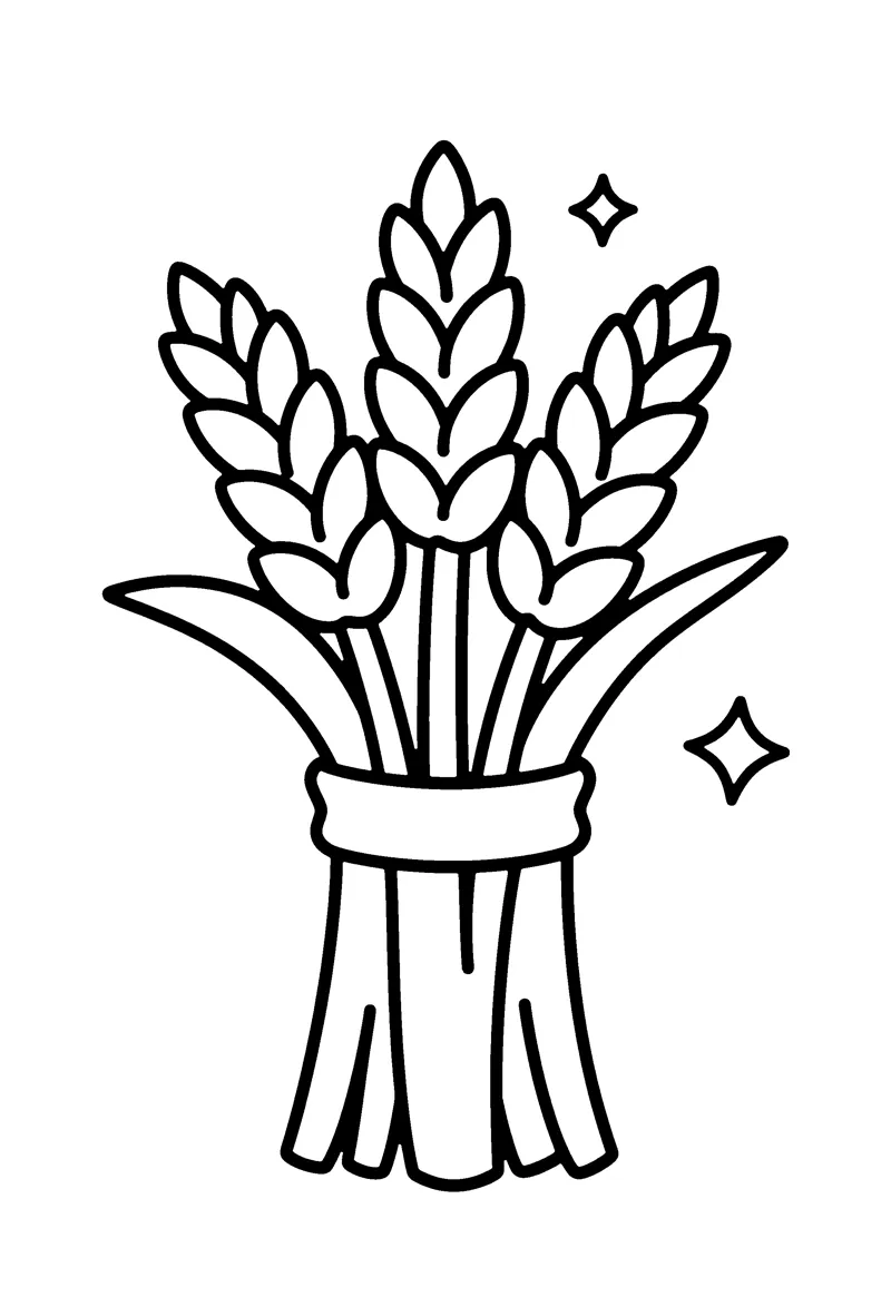 Wheat Bundle coloring page: one bundle of wheat standing upright in the middle on plain ground, tied around its waist with one wide plain ribbon, its grain heads drawn as a few big rounded shapes at the top and its stalks as a few thick straight stems